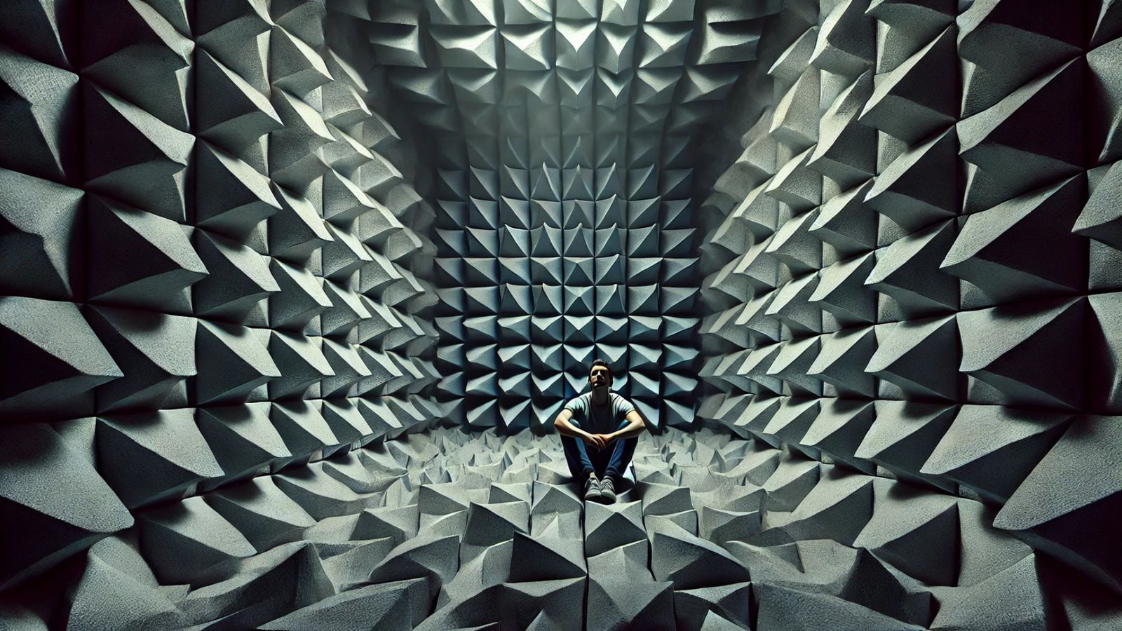 man sitting in a sound proofed room - world's quietest room